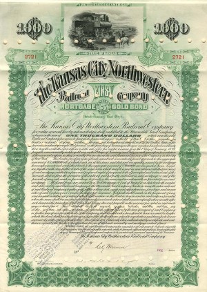 Kansas City Northwestern Railroad Company - $1,000 Bond